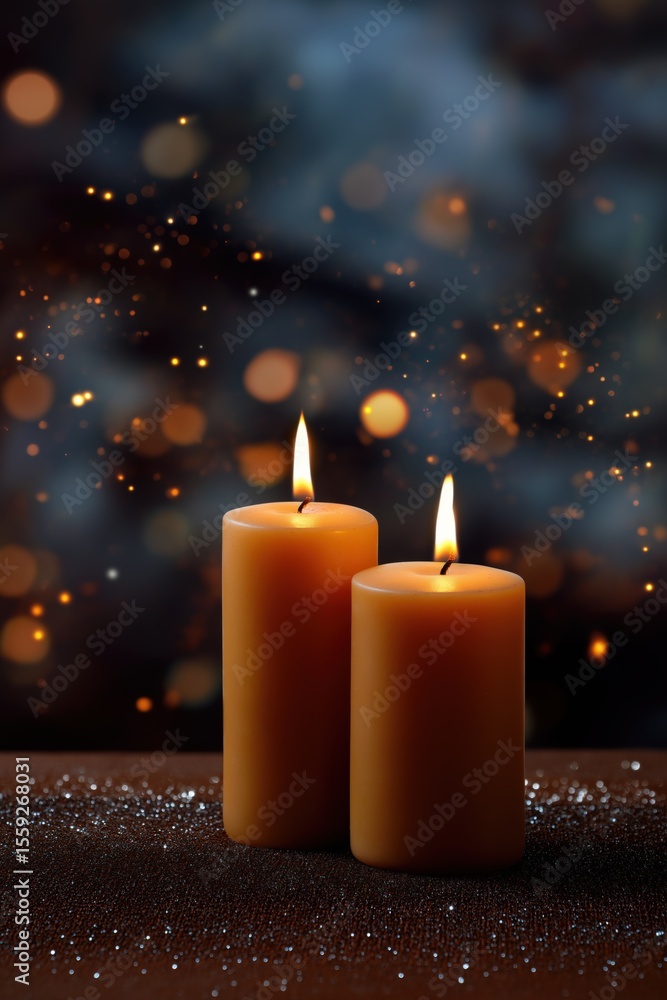 Poster warm glow of two lit candles on glittering surface with soft bokeh background