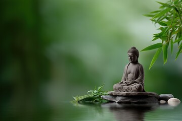 Tranquil buddha statue on stones amid bamboo and water reflection