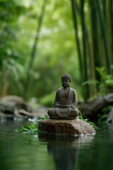 Serene buddha statue in tranquil bamboo forest setting