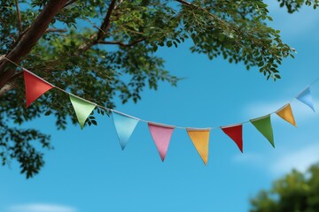 Colorful pennant flags hanging from tree against blue sky