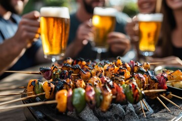 A close-knit group enjoys grilled skewers and refreshing beer outdoors in a lively setting, sharing laughter and great food on a warm day with bright sunshine