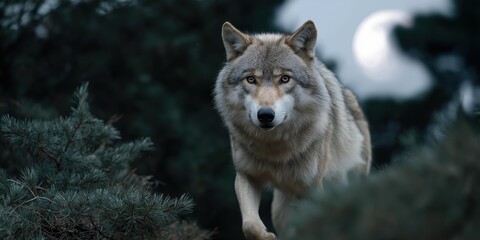 Obraz premium Grey wolf in forest at dusk with full moon in background