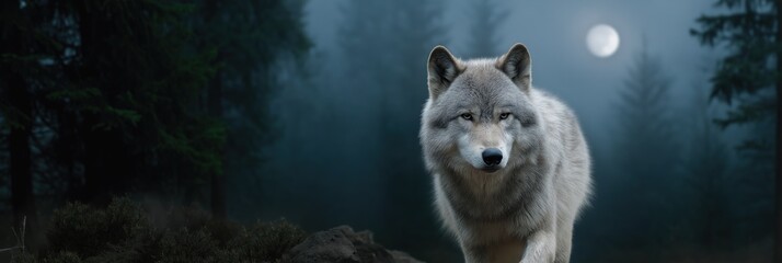 Gray wolf in misty forest night under full moon with dark pine trees