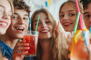 Group of teenagers joyfully celebrating at a party, sipping colorful mocktails and taking fun selfies. The atmosphere is filled with laughter and excitement, highlighting youthful camaraderie