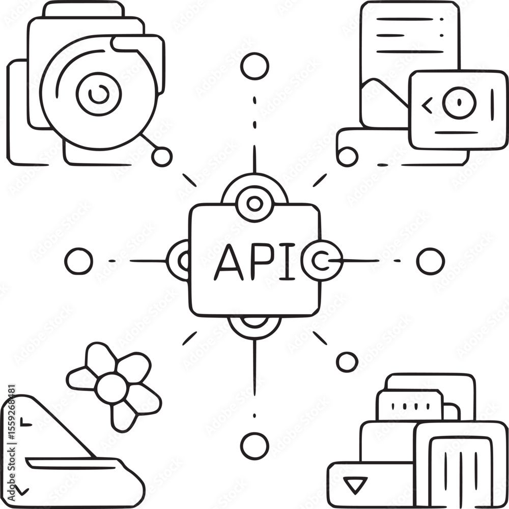 Poster colorful api concept illustration with connected icons and a central square with the word api