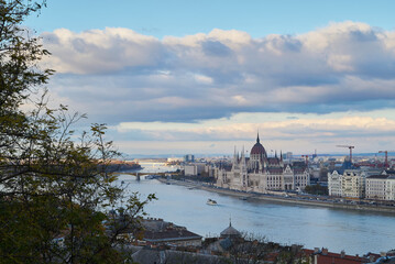 Fototapeta premium View from Budapest over the Danube river with impressive buildings and bridges