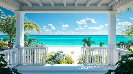 An oceanfront vacation rental or villa boasting a balcony with expansive ocean views, offering a blank space to highlight rental specifics or limited-time offers