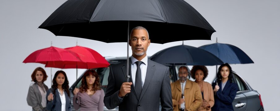 Confident african male business leader holding umbrella with diverse team in formal attire