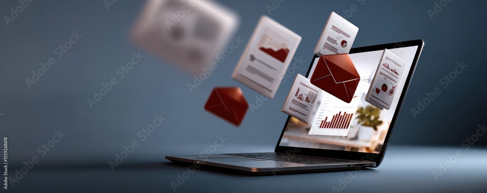 Aufkleber digital communication concept with flying envelopes and laptop displaying graphs