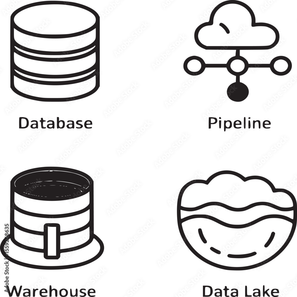 Aufkleber illustration showing database pipeline warehouse and data lake icons on a white background square