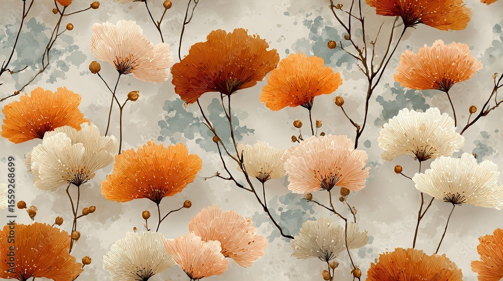 Poster a detailed image of an array of blooms on a white-orange backdrop, adorned with water beads on the p