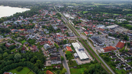 Aerial view of the old town of the city Bad Zwischenahn in Germany on an sunny spring noon