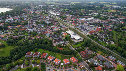 Aerial view of the old town of the city Bad Zwischenahn in Germany on an sunny spring noon