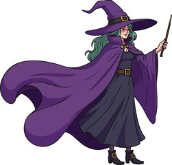Witch casting magic with wand wearing purple cloak and hat fantasy character vector illustration