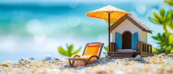 Summer vacation and travel are symbolized by a tiny beach house with an umbrella on the beach, paired with a banner that features copy space