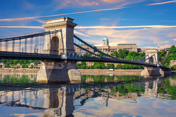 Famous Chain Bridge and Buda castle reflected in Danube River, Budapest, Hungary
