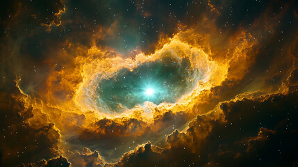 Fototapeta premium Stunning space nebula with golden clouds and glimmering stars reveals cosmic beauty and wonder