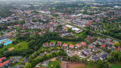 Aerial view of the old town of the city Bad Zwischenahn in Germany on an sunny spring noon