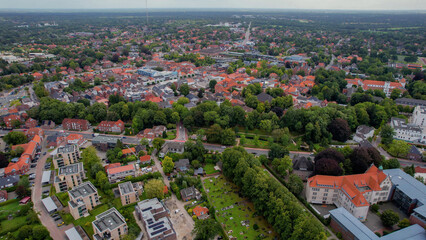 Aerial view of the old town of the city Aurich in Germany on an sunny spring noon