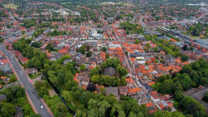 Aerial view of the old town of the city Aurich in Germany on an sunny spring noon
