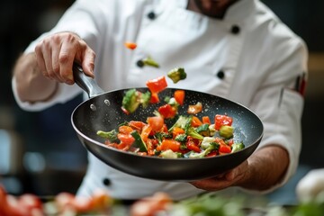 A skilled male chef is focused on tossing vibrant vegetables in a frying pan, preparing a fresh and healthy stir-fry in a busy kitchen environment