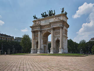 The renewed Napoleonic Arco della Pace marble arch near the Castello Sforzesco castle downtown,...