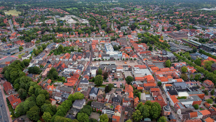 Aerial view of the old town of the city Aurich in Germany on an sunny spring noon