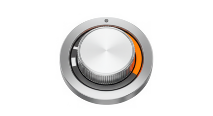 Modern silver volume knob with orange indicator light isolated on transparent background