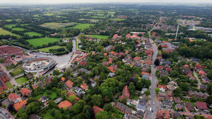 Aerial view of the old town of the city Aurich in Germany on an sunny spring noon