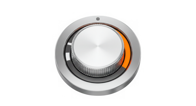 Modern silver volume knob with orange indicator light isolated on transparent background