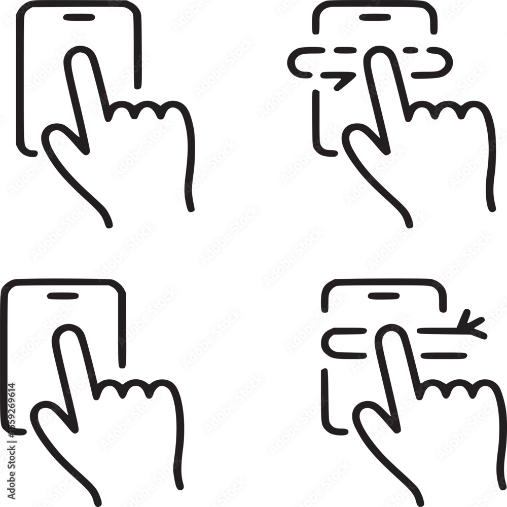 Poster illustration of four hands interacting with a smartphone using different gestures on a white backgro