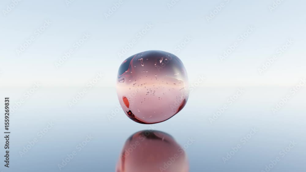Poster minimalist 3d animation of orange bubbles with air pockets gently hovering over reflective surface —