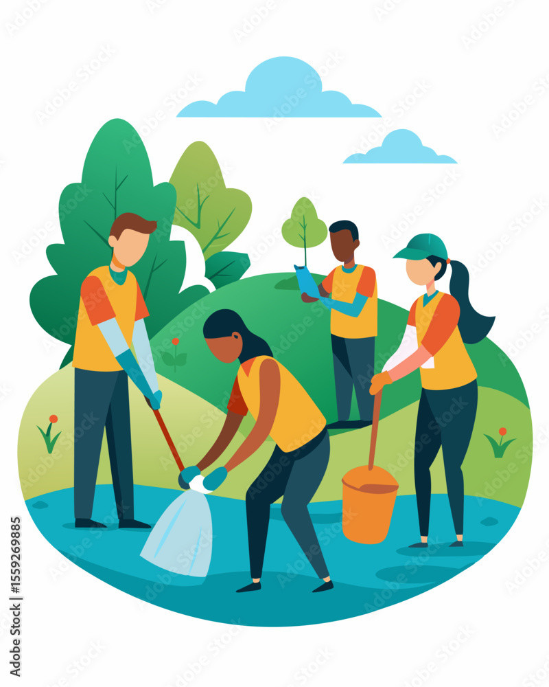 Poster a group of volunteers removing trash and debris from a damaged riverbank working towards restoring t