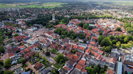 Aerial view of the old town of the city Jever in Germany on an sunny spring noon