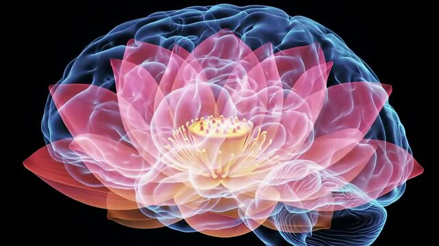 Image is a digital artwork featuring a stylized, translucent lotus flower superimposed over a human brain. The lotus, with its delicate pink and orange petals, is centrally positioned, creating a stri