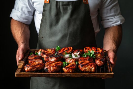 A man wearing a dark apron holds a wooden tray overflowing with perfectly grilled meat. The dish is adorned with fresh herbs, showcasing culinary skill and care in preparation