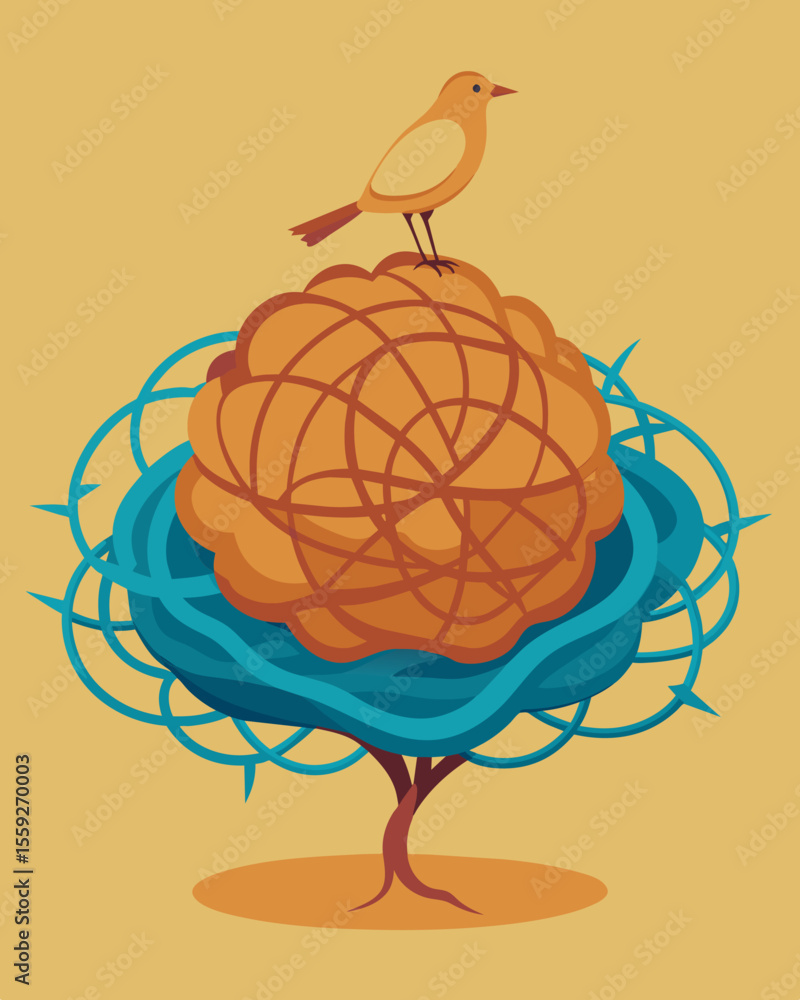 Poster the brain as a birds nest with conflicting thoughts and beliefs as tangled branches making it diffic