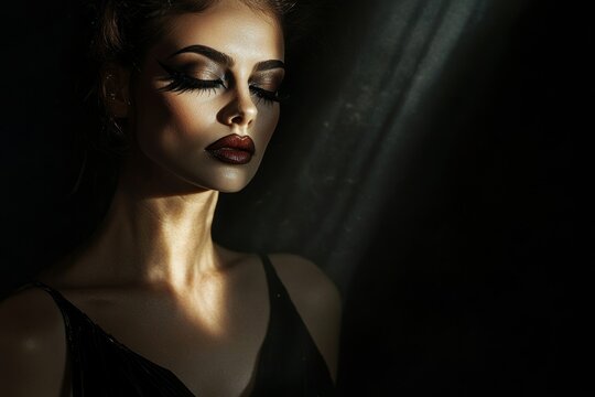 A mysterious woman stands in a soft spotlight, showcasing dramatic makeup and a sleek black dress against a dark backdrop. Her eyes are closed, creating an enigmatic atmosphere - Powered by Adobe