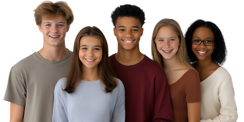 Diverse group of high school students and friends, confident and smiling, isolated on white or transparent, background