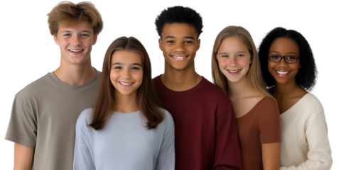 Diverse group of high school students and friends, confident and smiling, isolated on white or transparent, background