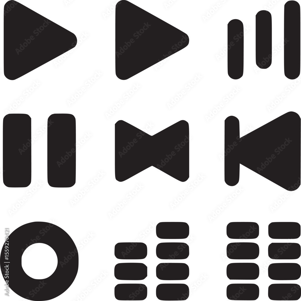 Aufkleber a grid of nine black media player control icons on a plain white background in a simple graphic styl