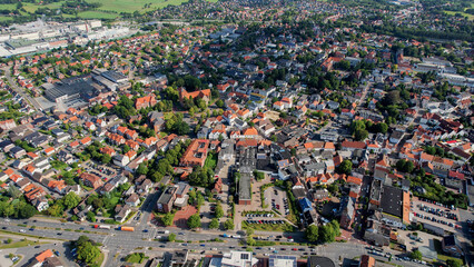 Aerial view of the old town of the city Varel in Germany on an sunny spring noon