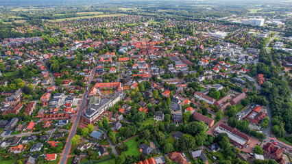 Aerial view of the old town of the city Westerstede in Germany on an sunny spring noon