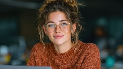 Portrait of smiling young adult woman with curly hair wearing glasses and a brown sweater in a cafe during the daytime