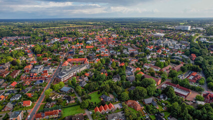 Aerial view of the old town of the city Westerstede in Germany on an sunny spring noon