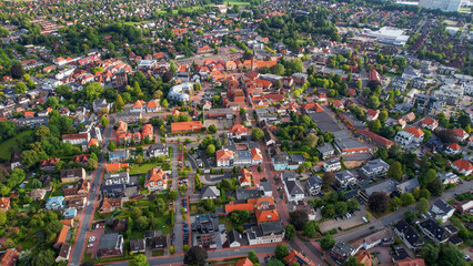Aerial view of the old town of the city Westerstede in Germany on an sunny spring noon