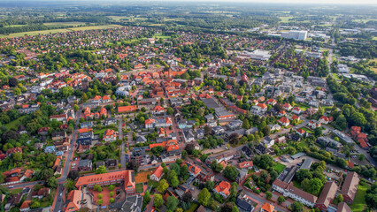 Aerial view of the old town of the city Westerstede in Germany on an sunny spring noon
