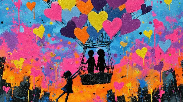  A painting of two children soaring in a hot air balloon amidst heart-shaped balloons against a backdrop of blue, pink, yellow, and pink