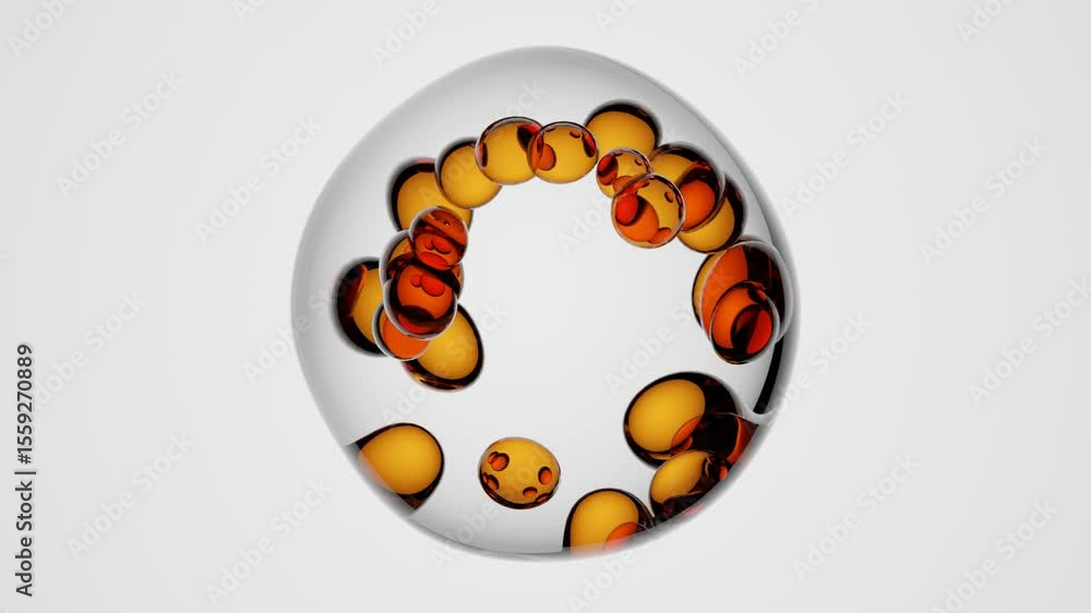 Poster airy transparent cells with orange core particles hovering over polished surface — minimalistic 3d s