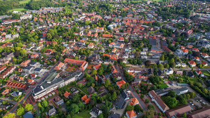 Aerial view of the old town of the city Westerstede in Germany on an sunny spring noon